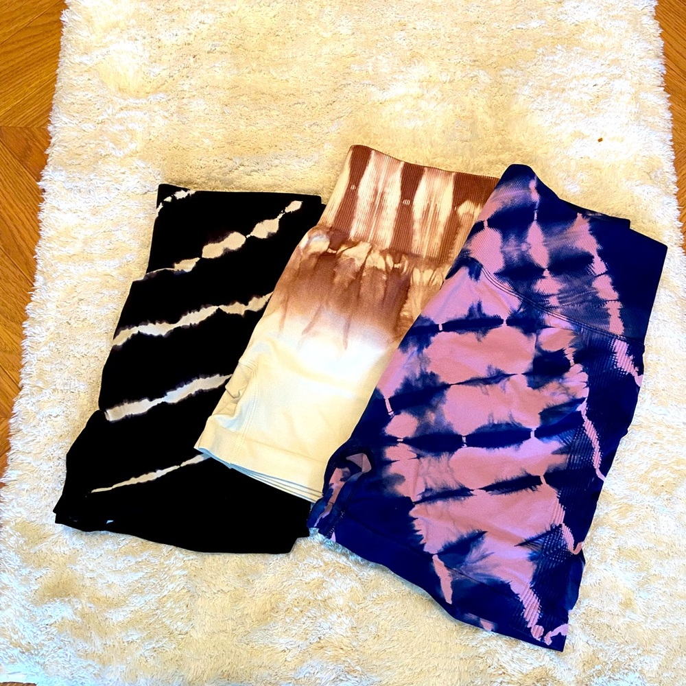 Tie-Dye Athletic Shorts Trio — Black, Brown/Cream, Navy/Pink
